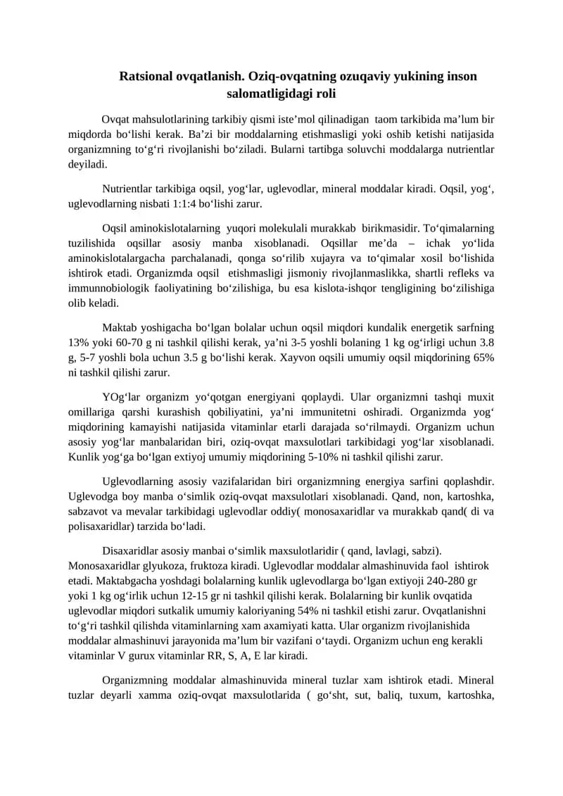 Ratsional ovqatlanish. Oziq-ovqatning ozuqaviy yukining inson salomatligidagi roli