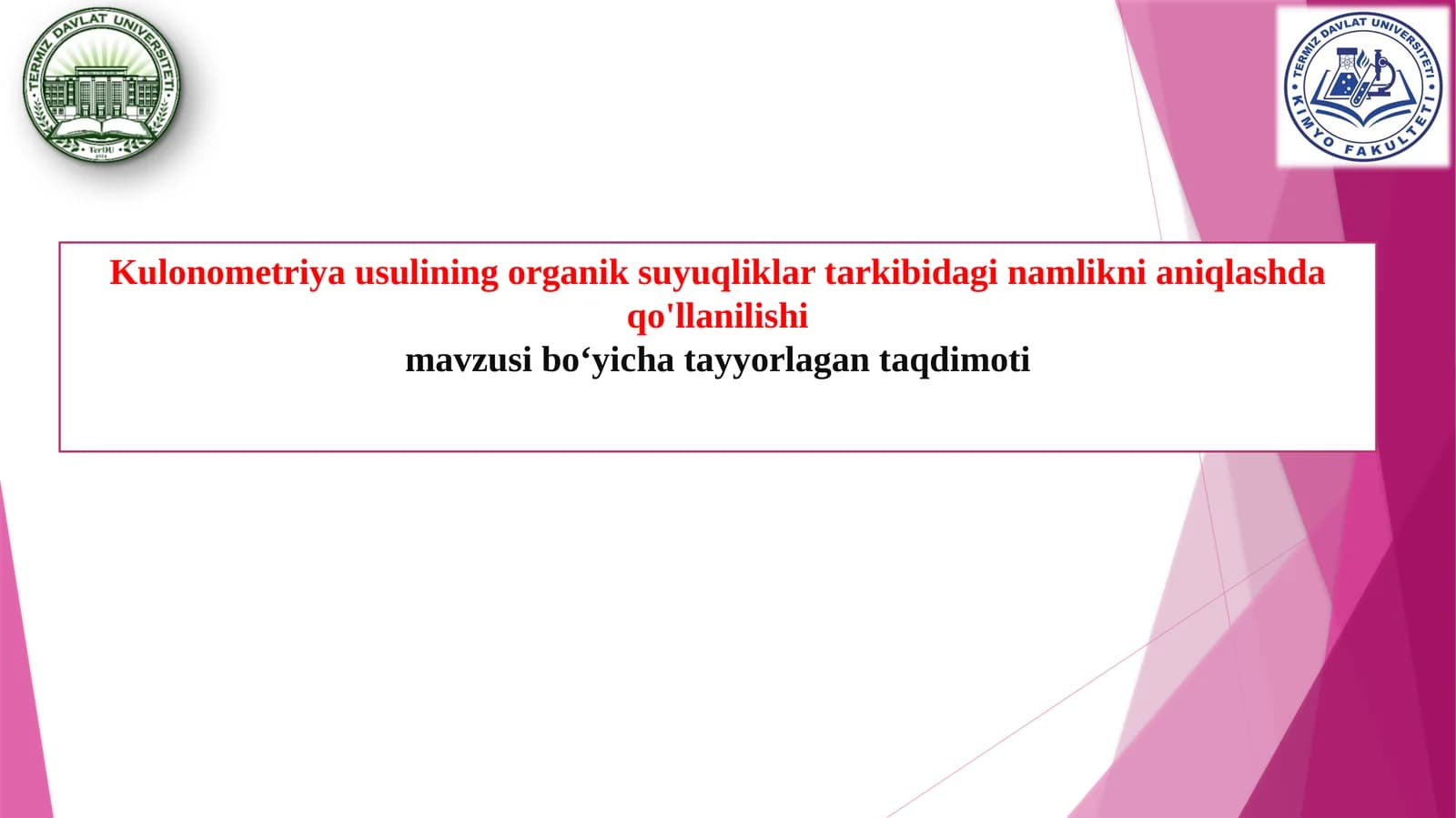 Kulonometriya usuli ning organik suyuqliklar tarkibidagi namlikni aniqlash da qo'llanilishi