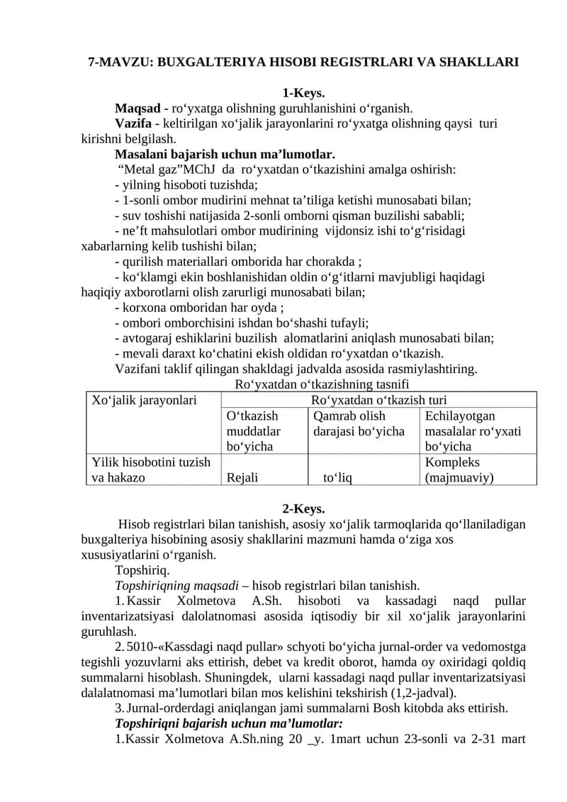 BUXGALTERIYA HISOBI REGISTRLARI VA SHAKLLARI