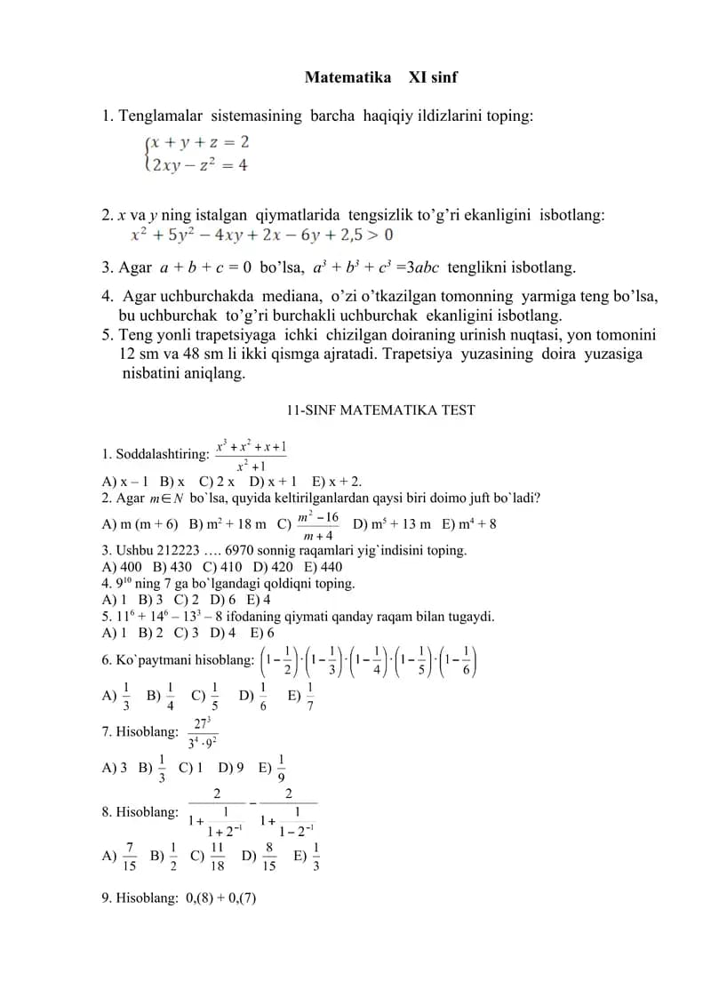 Matematikadan Olimpiada savollari