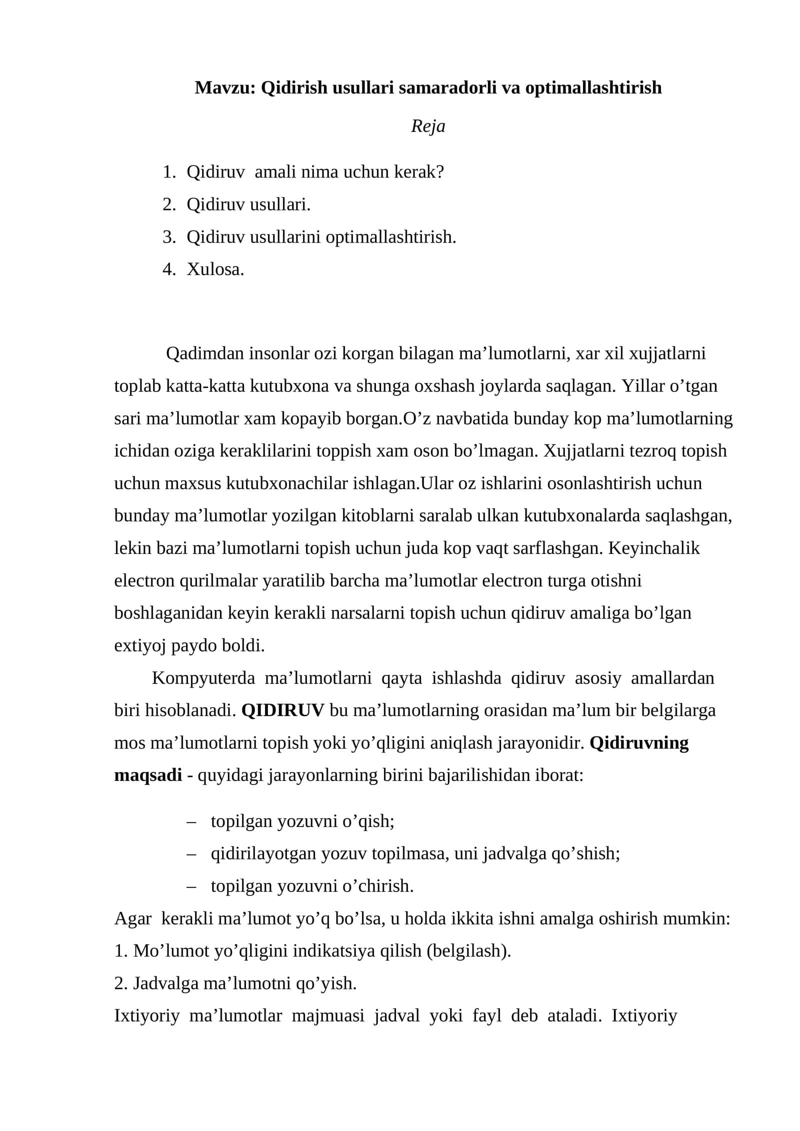 Qidirish usullari samaradorli va optimallashtirish