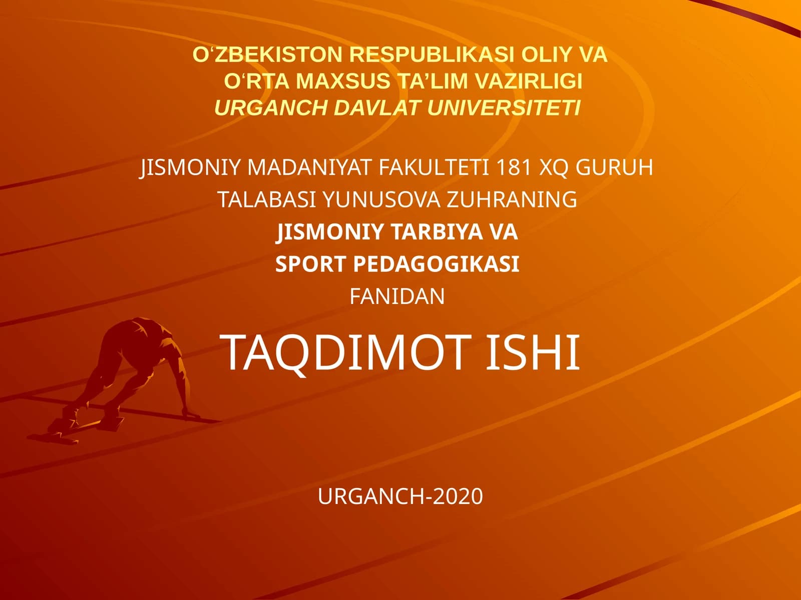 Jismoniy tarbiya va sport pedagogikasi fanidan taqdimot ishi