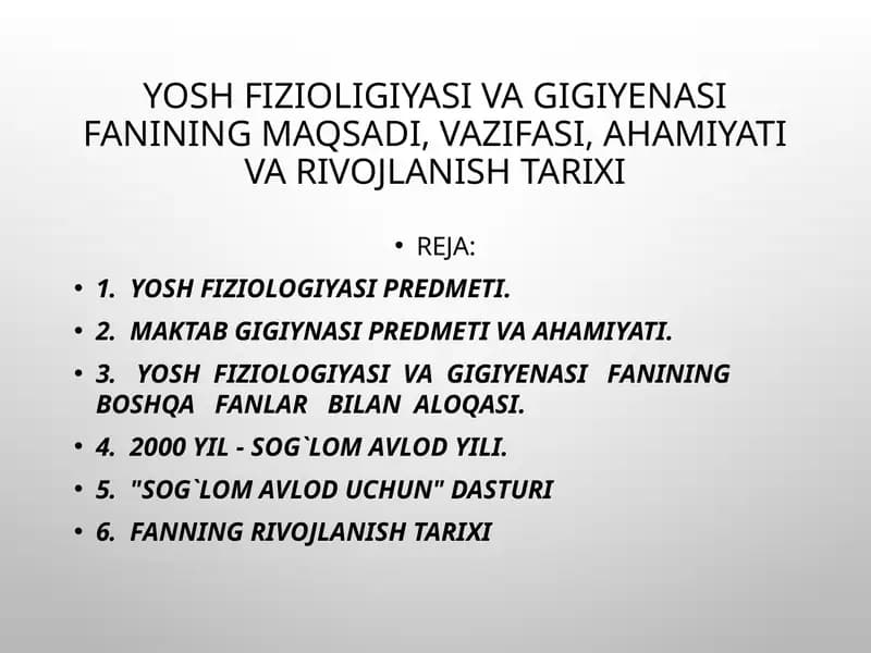 YOSH FIZIOLIGIYASI VA GIGIYENASI
