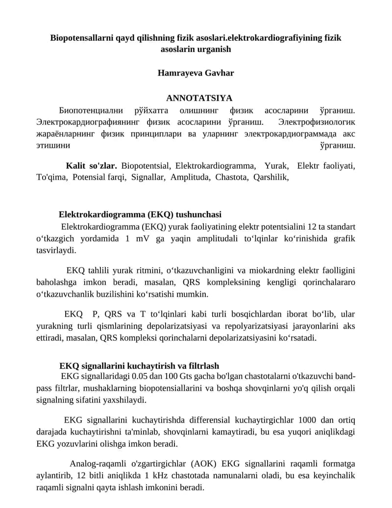Biopotensallarni qayd qilishning fizik asoslari