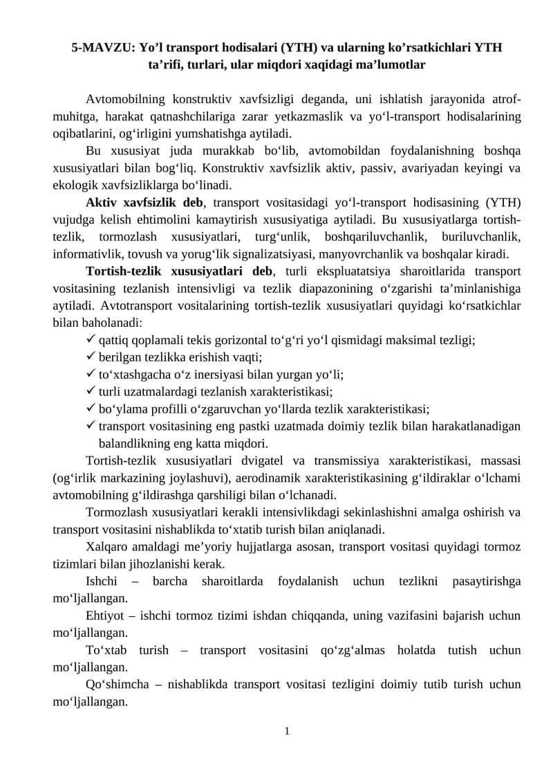 Yo’l transport hodisalari (YTH) va ularning ko’rsatkichlari