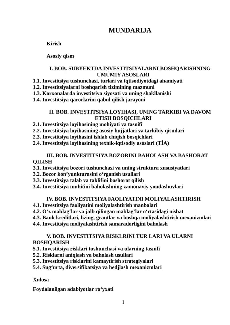 Investitsiyalar va moliyalashtirish