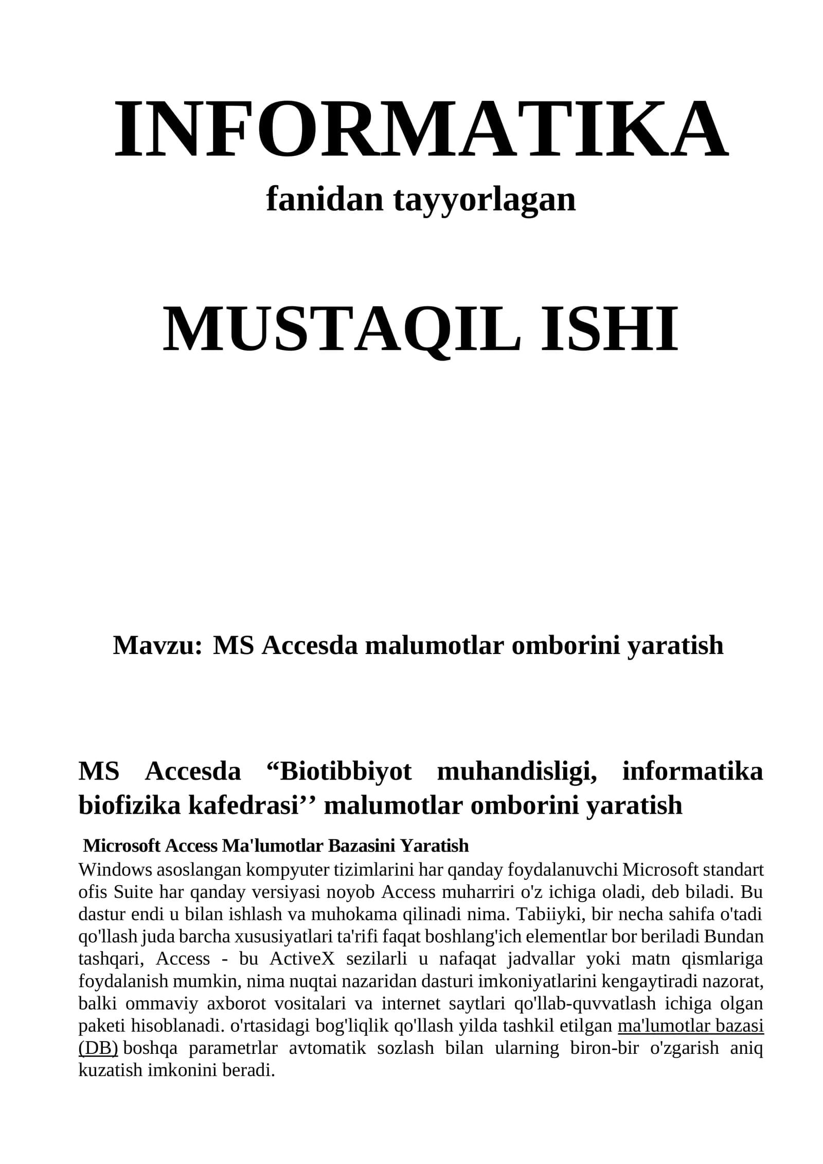 Microsoft Access Ma'lumotlar Bazasini Yaratish