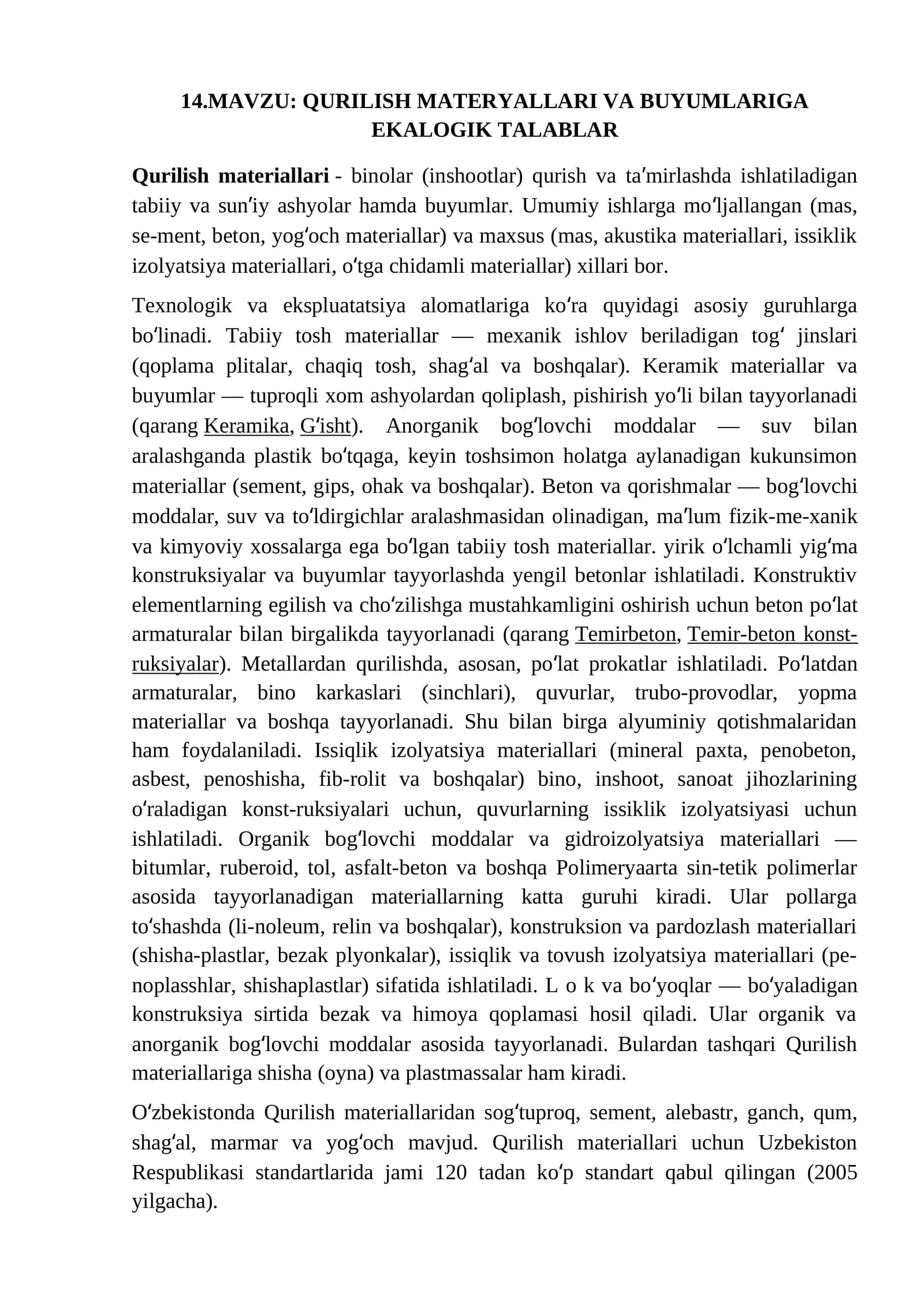 QURILISH MATERYALLARI VA BUYUMLARIGA EKALOGIK TALABLAR