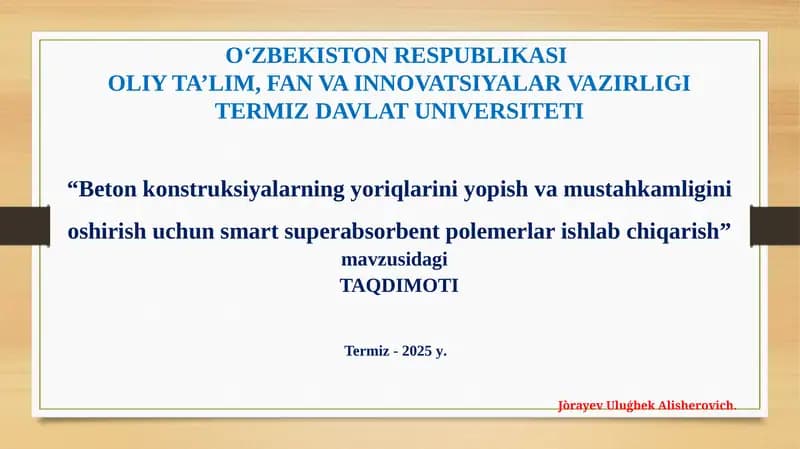 Betonkonstruksiyalarning yoriqlarini yopish uchun smart superabsorbent polemerlar ishlab chiqarish