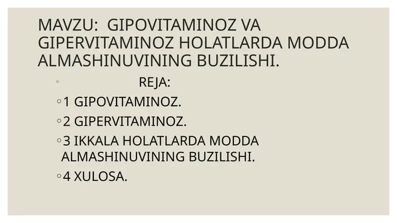GIPOVITAMINOZ VA GIPERVITAMINOZ HOLATLARDA MODDA ALMASHINUVINING BUZILISHI