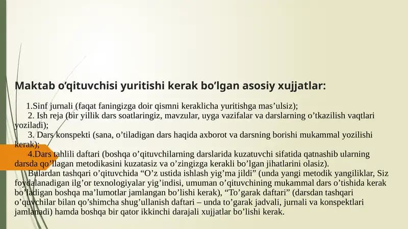 Maktab o’qituvchisi yuritishi kerak bo’lgan asosiy xujjatlar