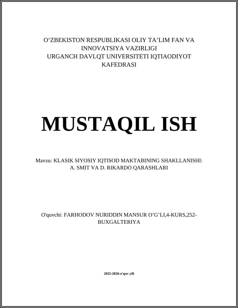 KLASIK SIYOSIY IQTISOD MAKTABINING SHAKLLANISHI: A. SMIT VA D. RIKARDO QARASHLARI