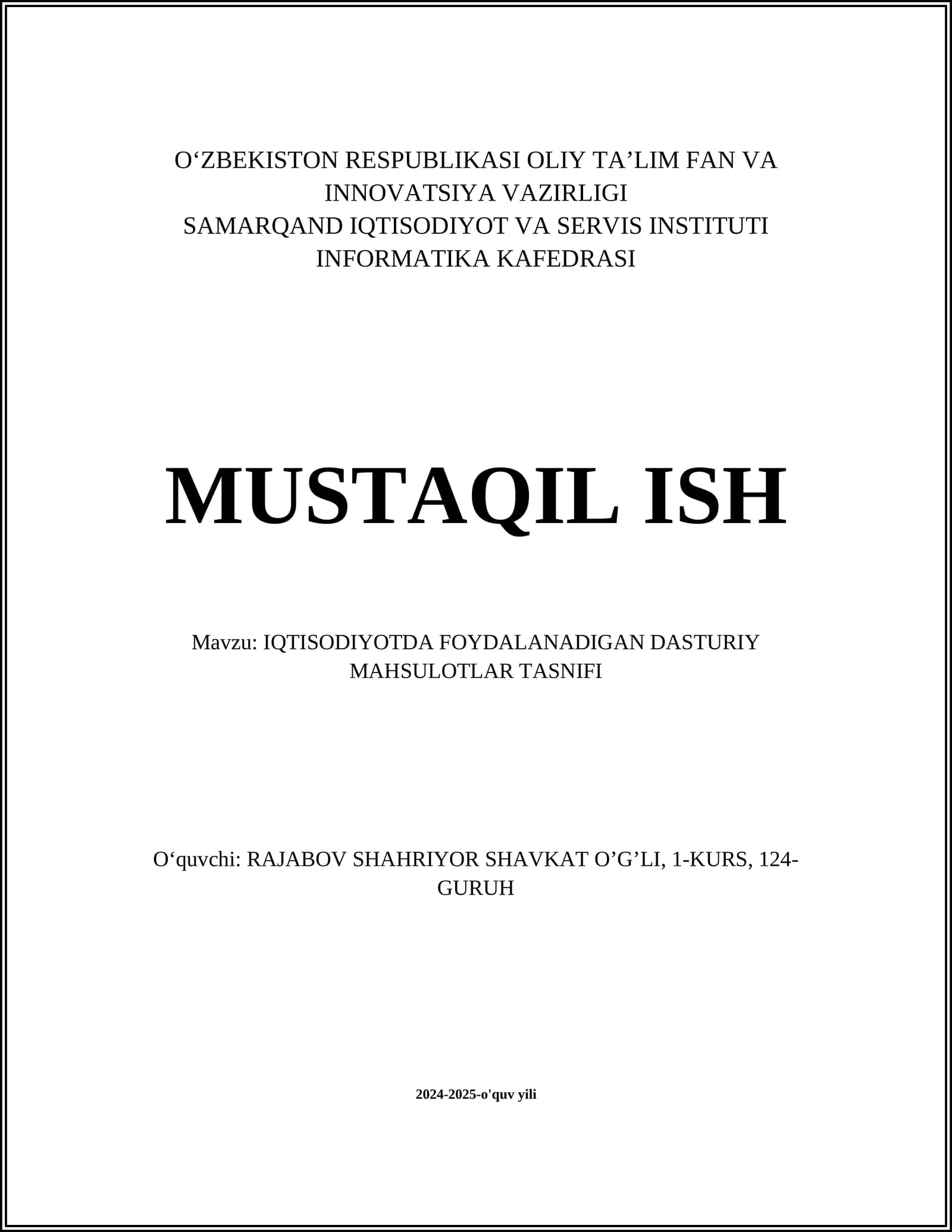 IQTISODIYOTDA FOYDALANADIGAN DASTURIY MAHSULOTLAR TASNIFI