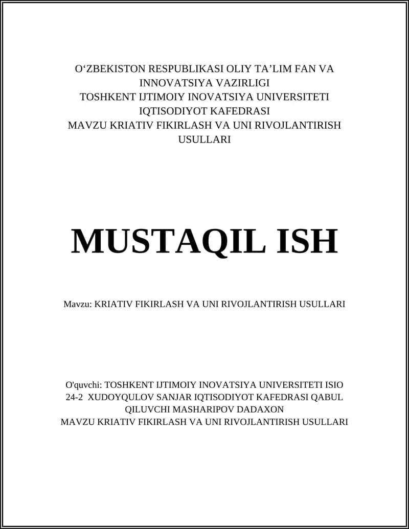 KRIATIV FIKIRLASH VA UNI RIVOJLANTIRISH USULLARI