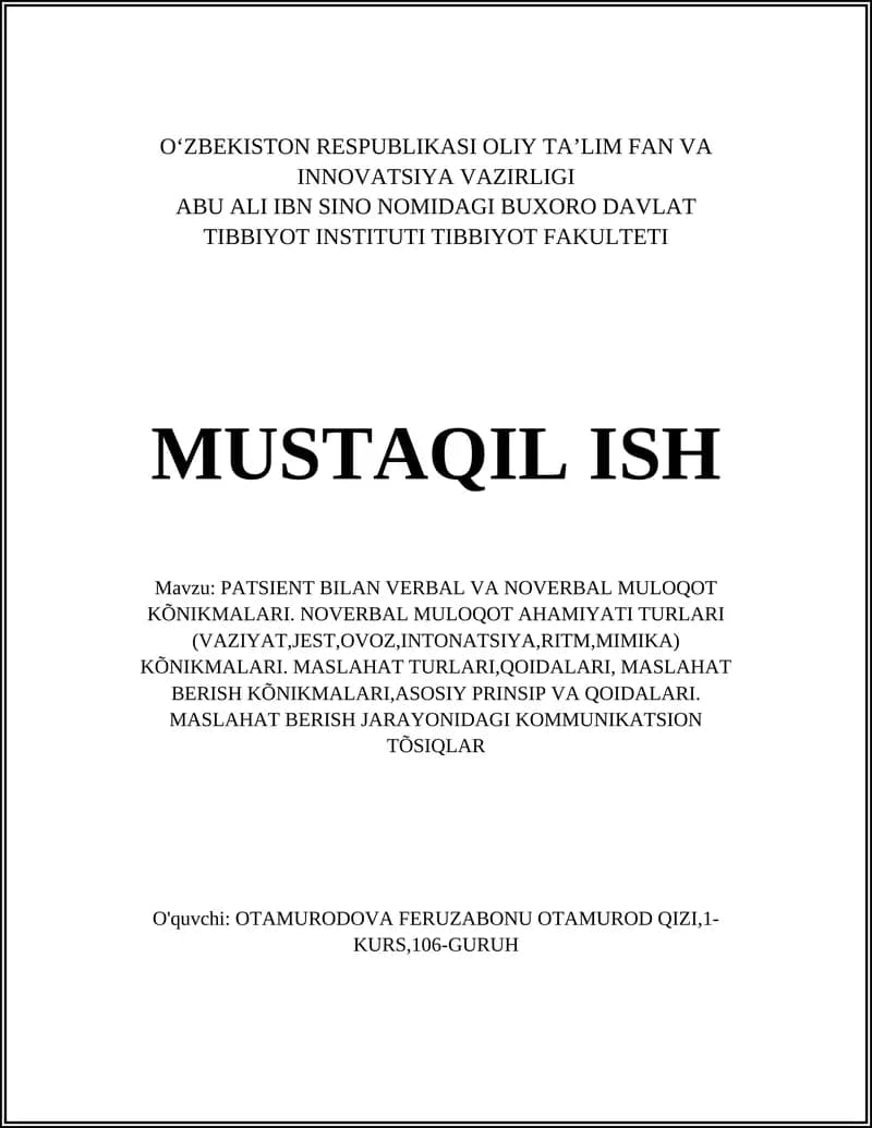 PATSIENT BILAN VERBAL VA NOVERBAL MULOQOT KÕNIKMALARI