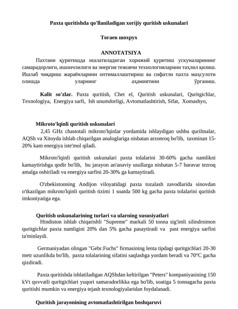 Paxta quritishda qo'llaniladigan xorijiy quritish uskunalari