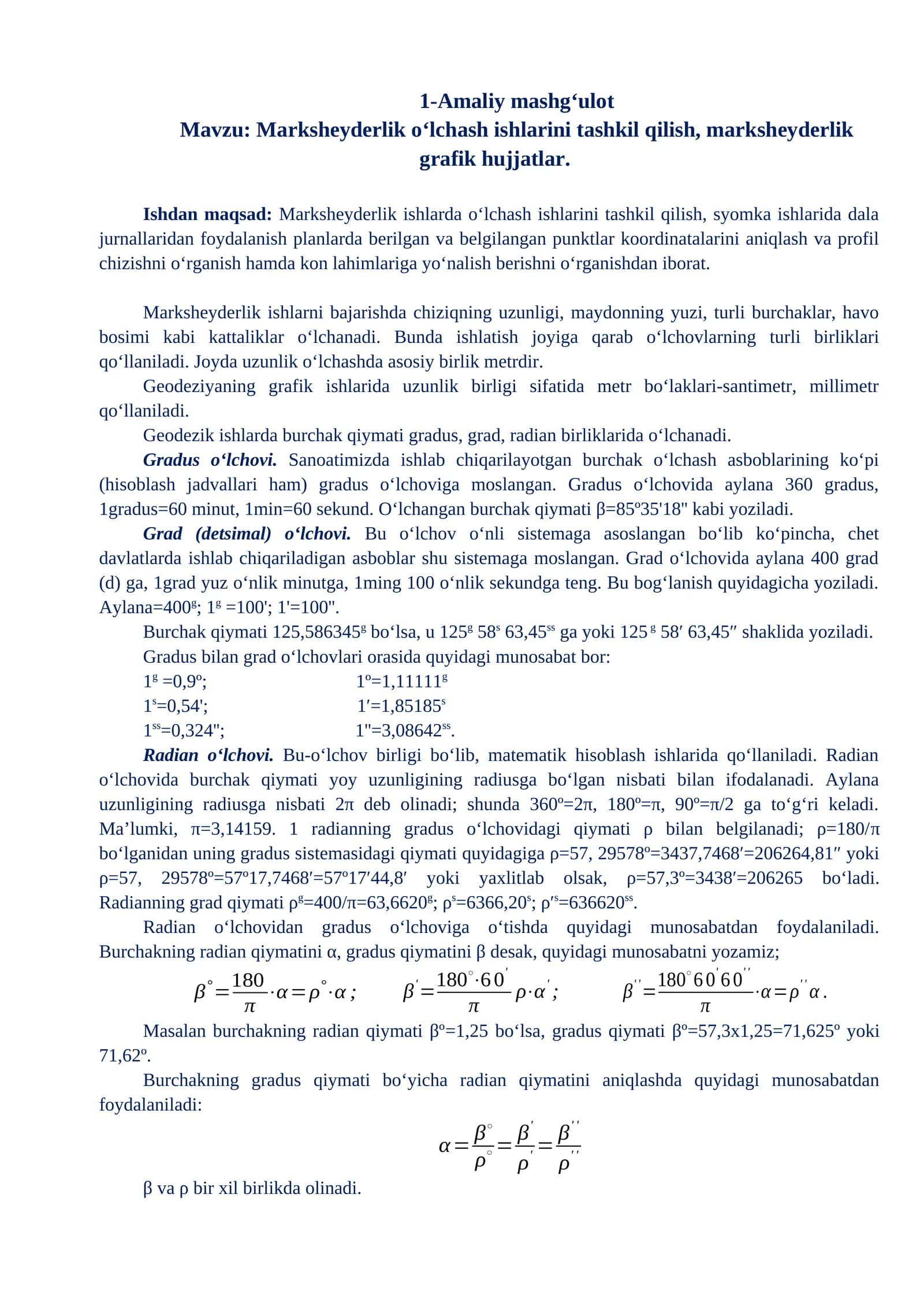 Marksheyderlik o‘lchash ishlarini tashkil qilish