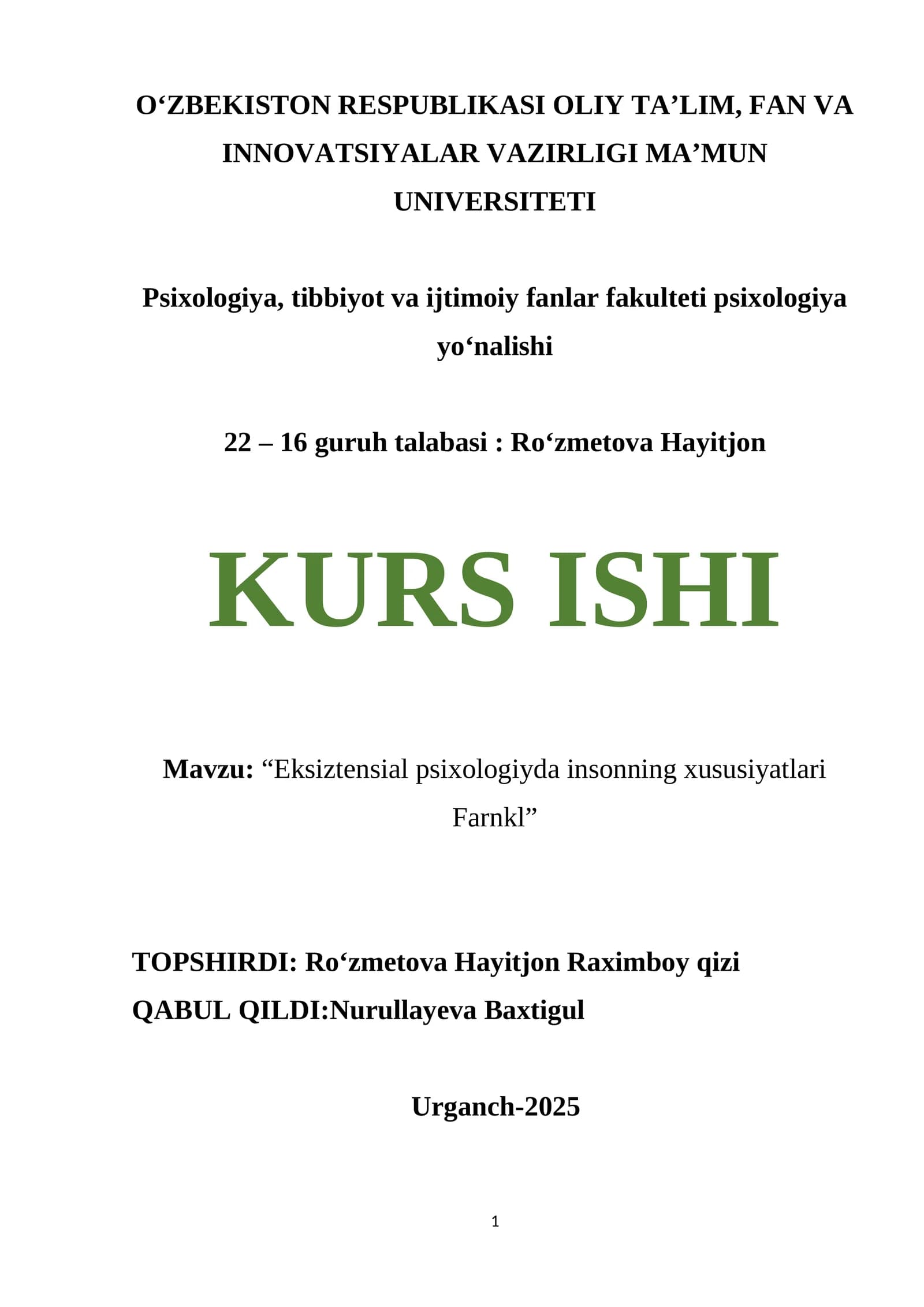 Eksiztensial psixologiyda insonning xususiyatlari Farnkl