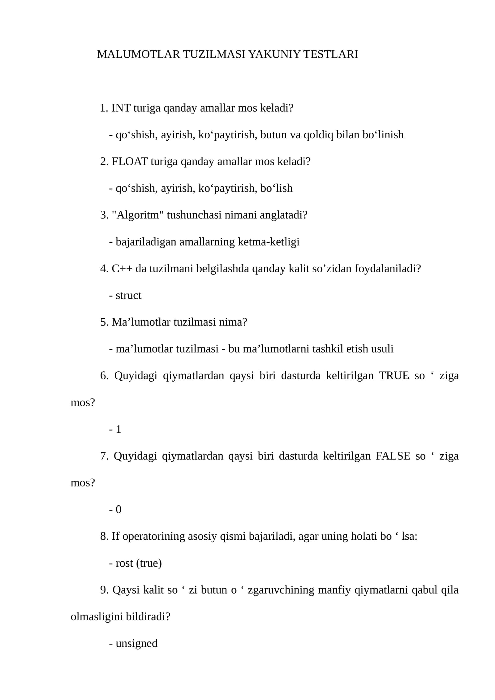MALUMOTLAR TUZILMASI YAKUNIY TESTLARI