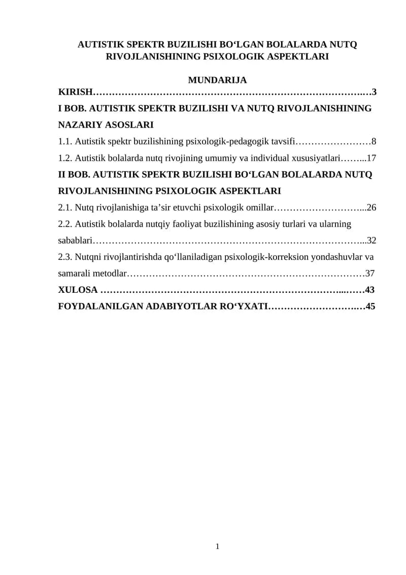 Autistik spektr buzilishi boʻlgan bolalarda nutq rivojlanishining psixologik aspektlari