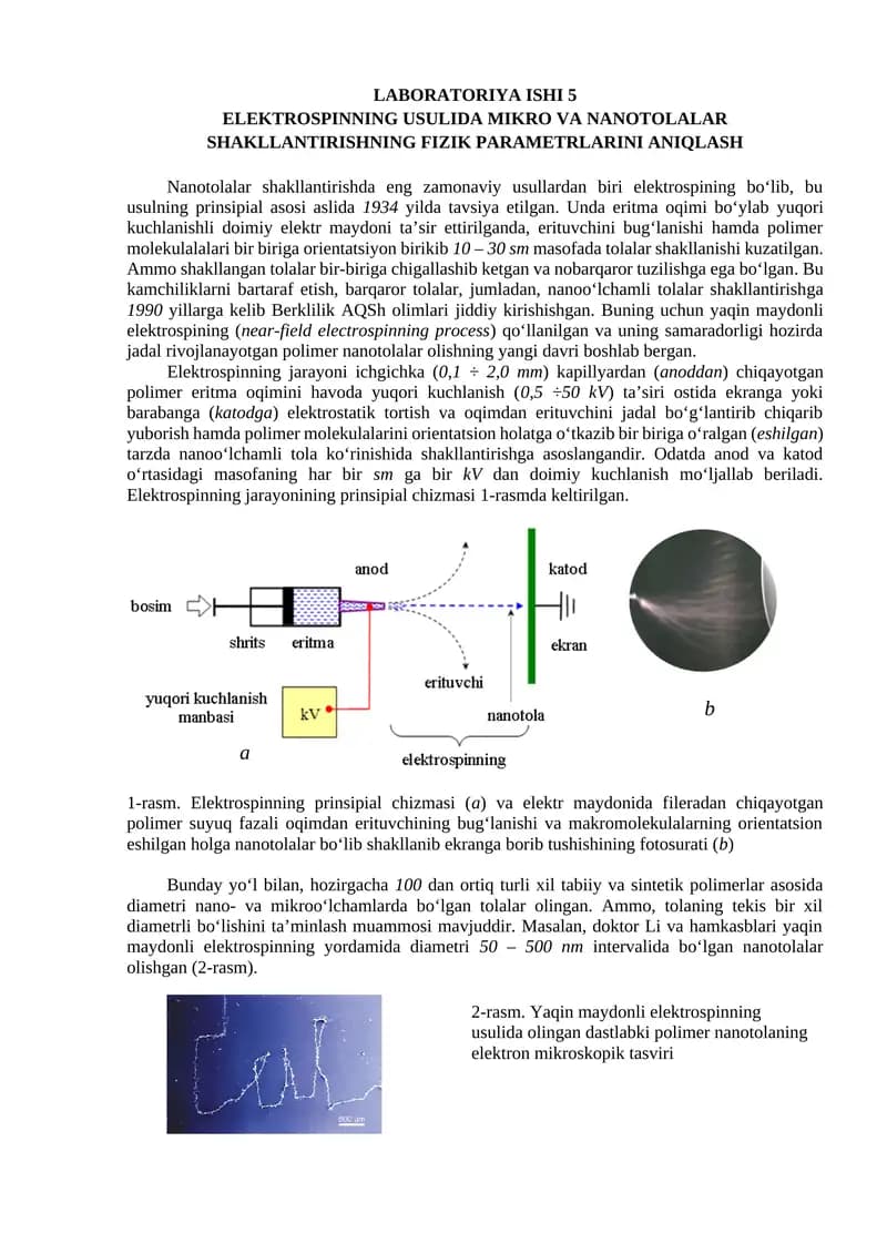 ELEKTROSPINNING USULIDA MIKRO VA NANOTOLALAR SHAKLLANTIRISHNING FIZIK PARAMETRLARINI ANIQLASH