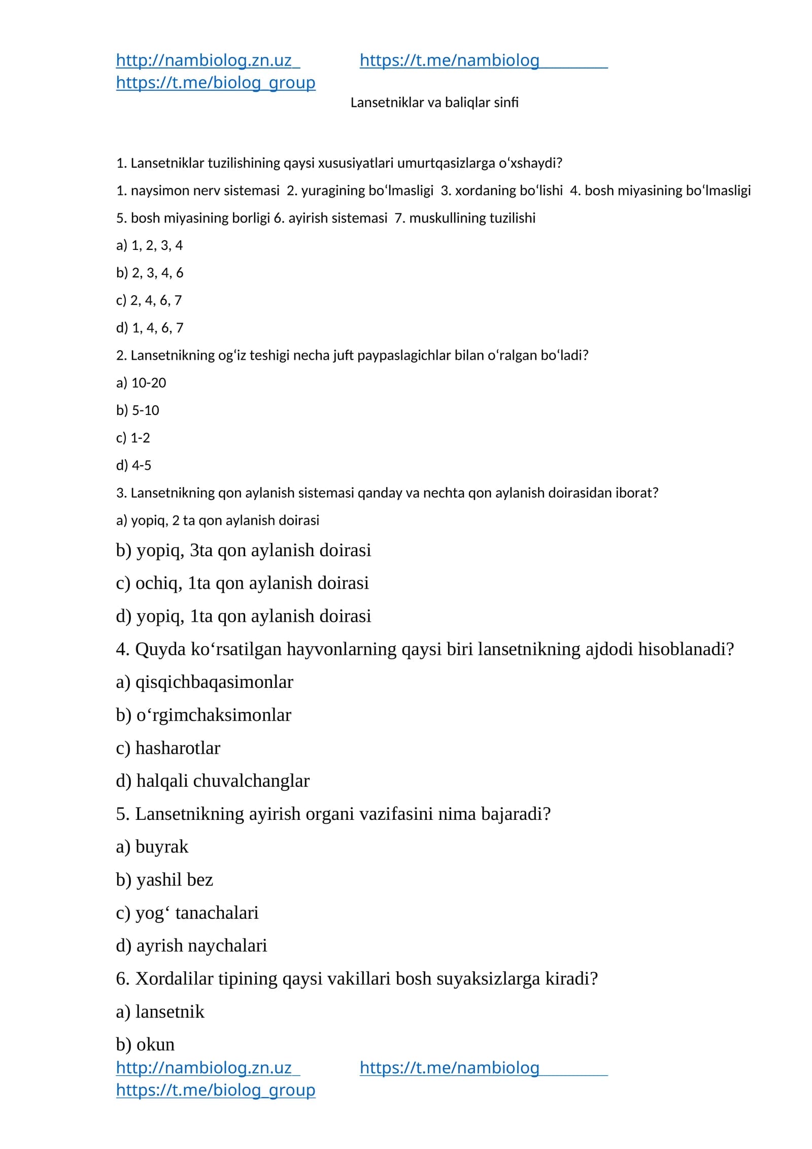 Lansetniklar va baliqlar sinfi