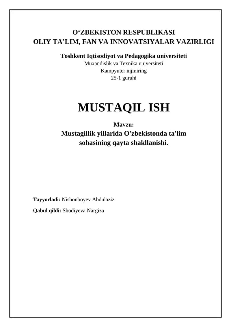 Mustagillik yillarida O'zbekistonda ta'lim sohasining qayta shakllanishi