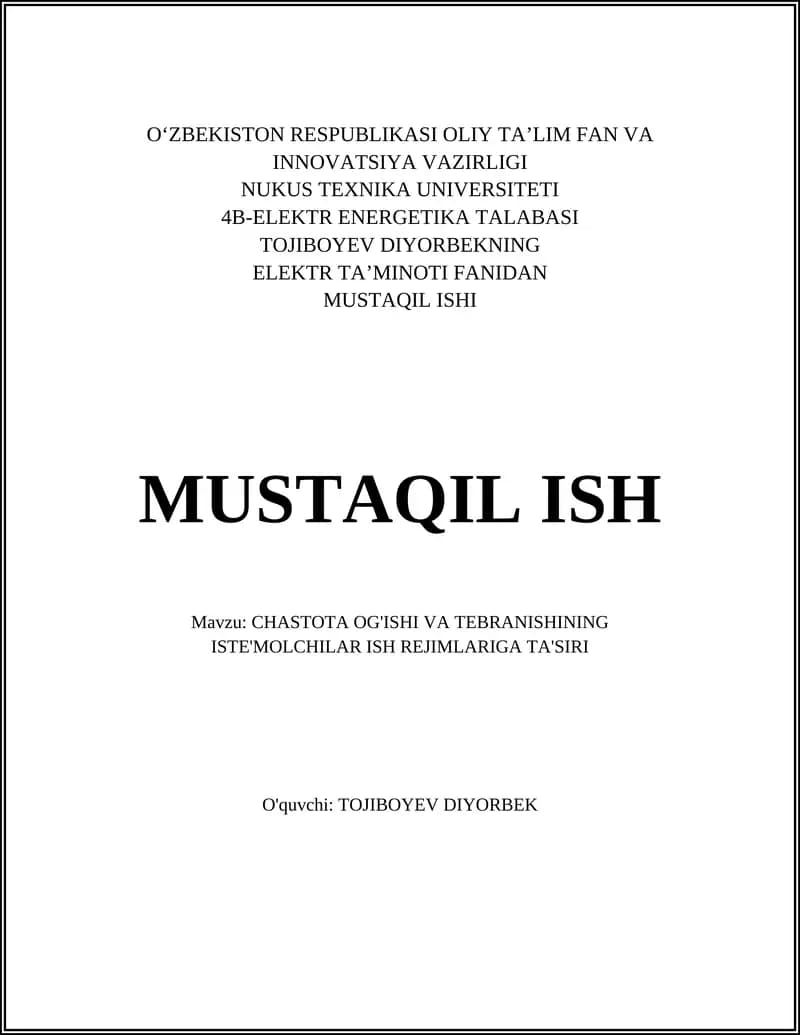 CHASTOTA OG'ISHI VA TEBRANISHINING ISTE'MOLCHILAR ISH REJIMLARIGA TA'SIRI