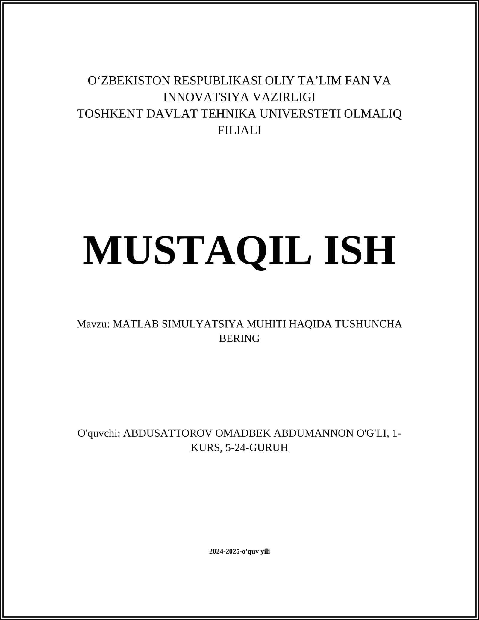 MATLAB SIMULYATSIYA MUHITI HAQIDA TUSHUNCHA BERING