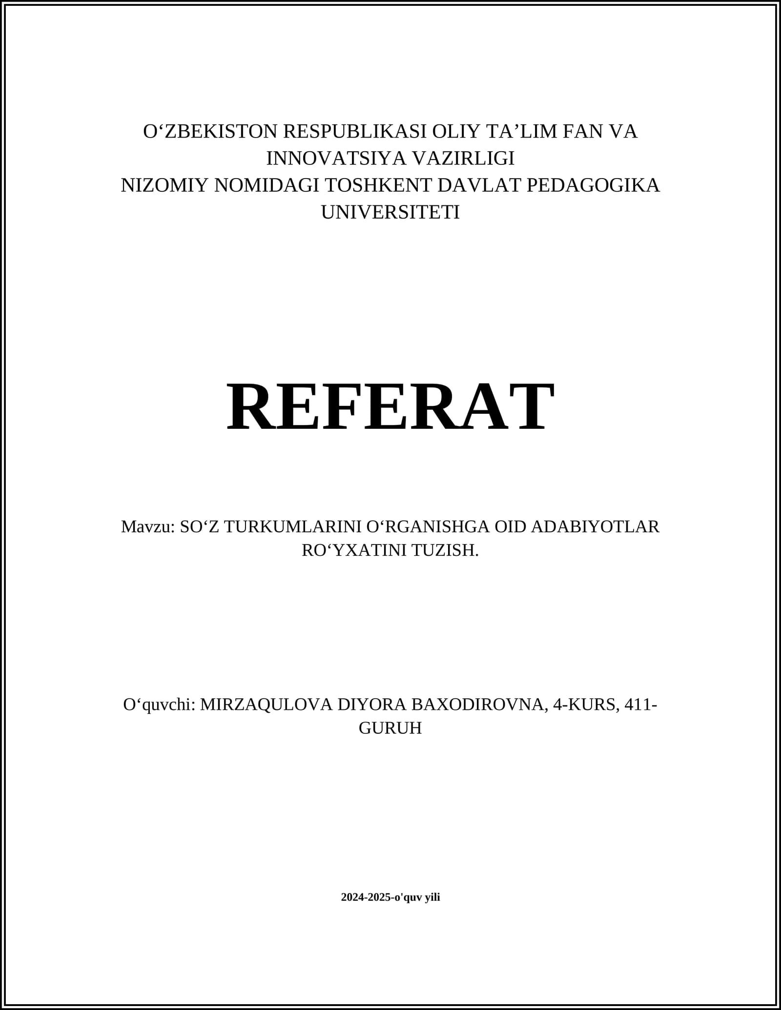SOʻZ TURKUMLARINI OʻRGANISHGA OID ADABIYOTLAR ROʻYXATINI TUZISH