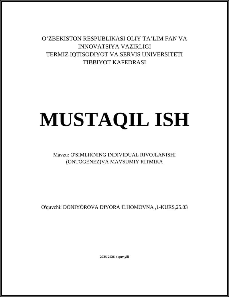 O'simlikning Individual Rivojlanishi (Ontogenez) va Mavsumiy Ritmika