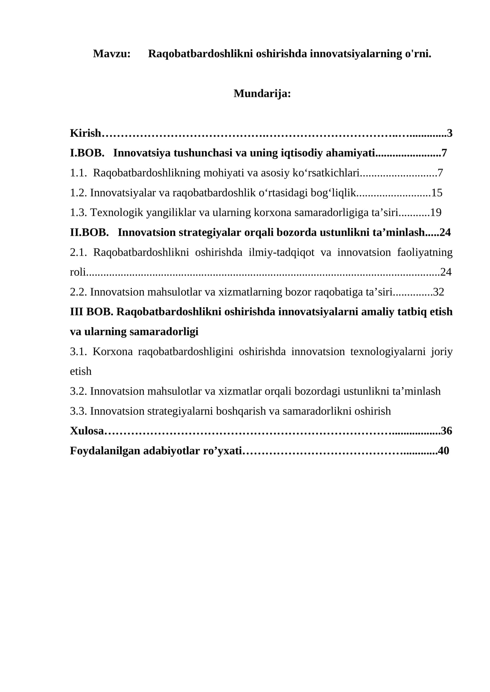 Raqobatbardoshlikni oshirishda innovatsiyalarning o'rni