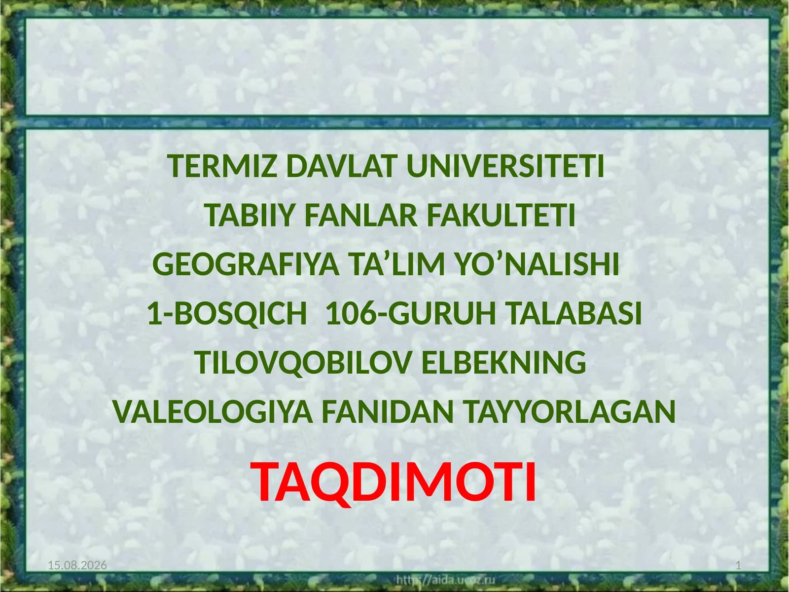 Insonekologiyasi haqidazamonaviytasavvur Ekologikvaleologiyasibiogenjihatlar Ekologikvaleologiyasotsiogenjihatlar Insonfaoliyatsub’ektisifatida Adabtivo’zgarishlarvasalomatlikningbahosi EKOLOGIK VALEOLOGIYA MUAMMOLARI Valeologiya sohalari (yo`nalishlari)