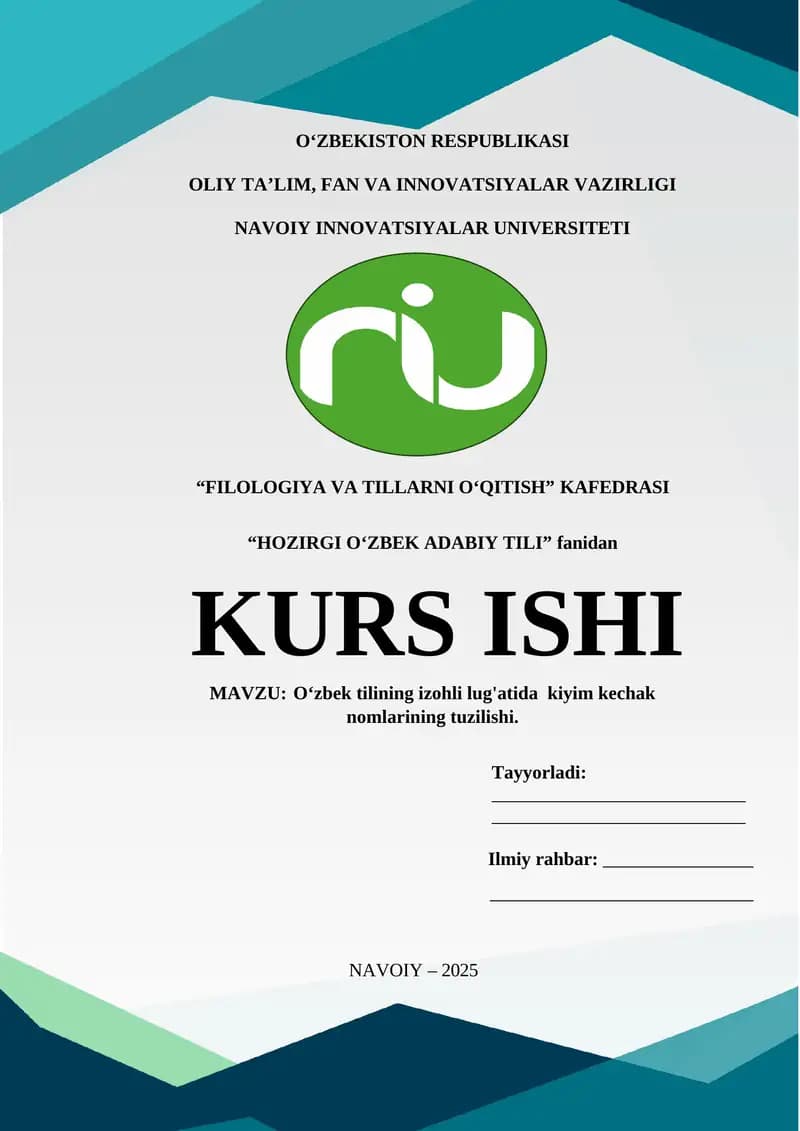 Oʻzbek tilining izohli lug'atida kiyim kechak nomlarining tuzilishi