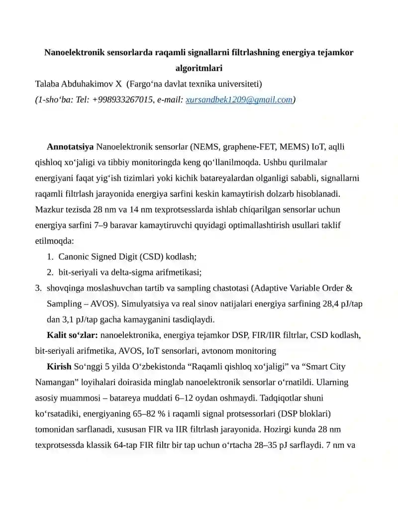 Nanoelektronik sensorlarda raqamli signallarni filtrlashning energiya tejamkor algoritmlari