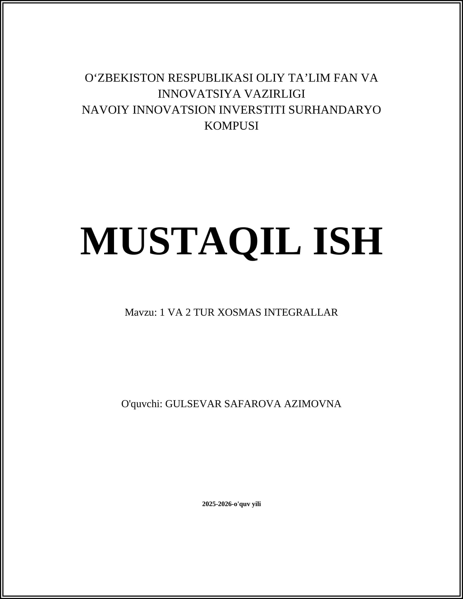 1 VA 2 TUR XOSMAS INTEGRALLAR