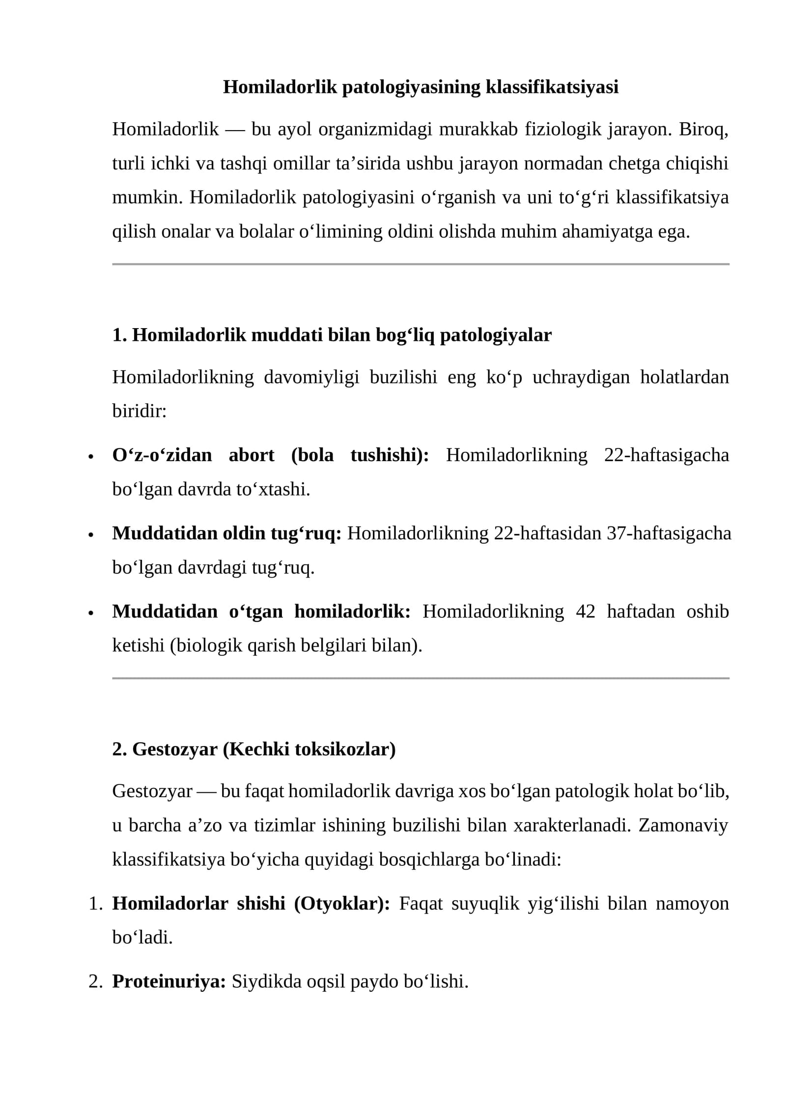 Homiladorlik patologiyasining klassifikatsiyasi