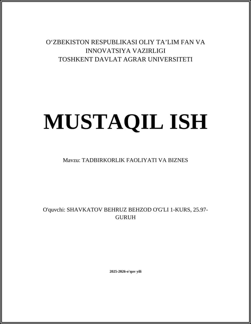 TADBIRKORLIK FAOLIYATI VA BIZNES