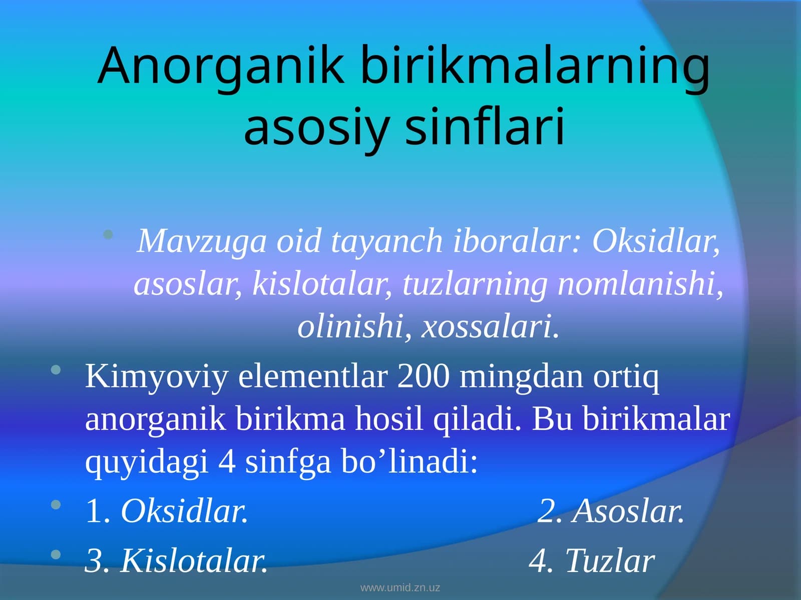 Anorganikbirikmalarningasosiysinflari