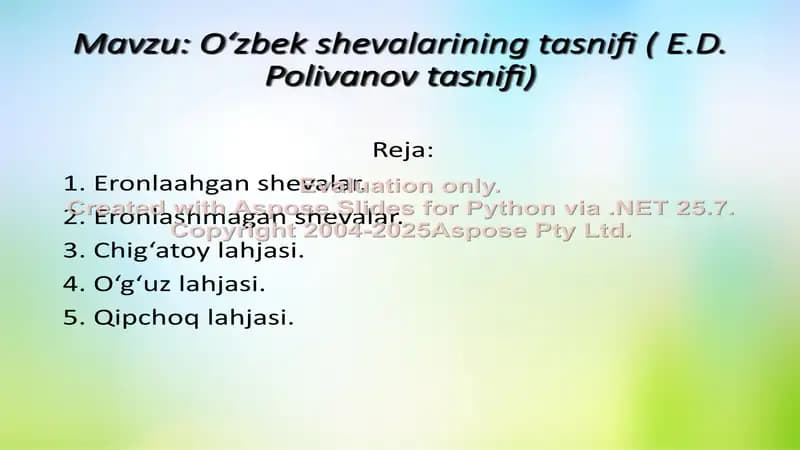 O‘zbek shevalarining tasnifi (E.D. Polivanov tasnifi)