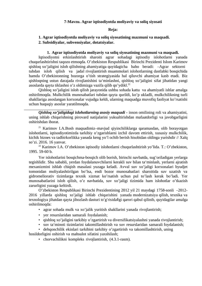 Agrar iqtisodiyotda moliyaviy va soliq siyosati
