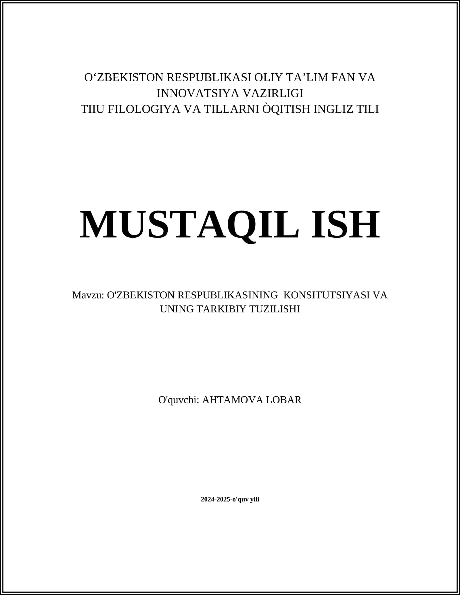 O'ZBEKISTON RESPUBLIKASINING KONSITUTSIYASI VA UNING TARKIBIY TUZILISHI
