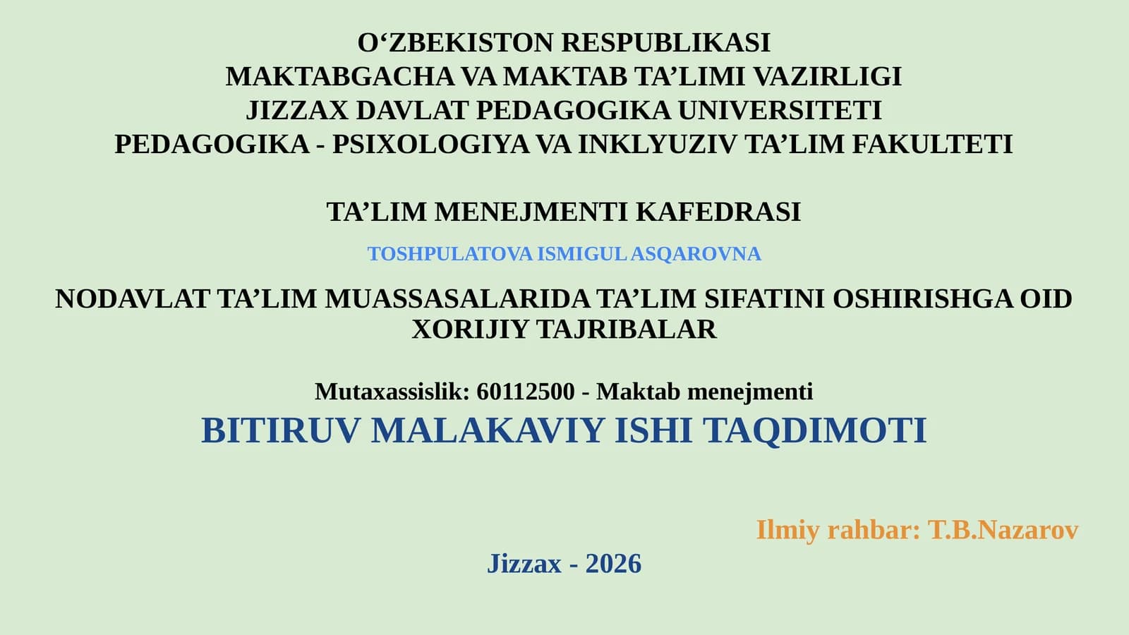 NODAVLAT TA’LIM MUASSASALARIDA TA’LIM SIFATINI OCHIRISHNING NAZARIY ASOSLARI