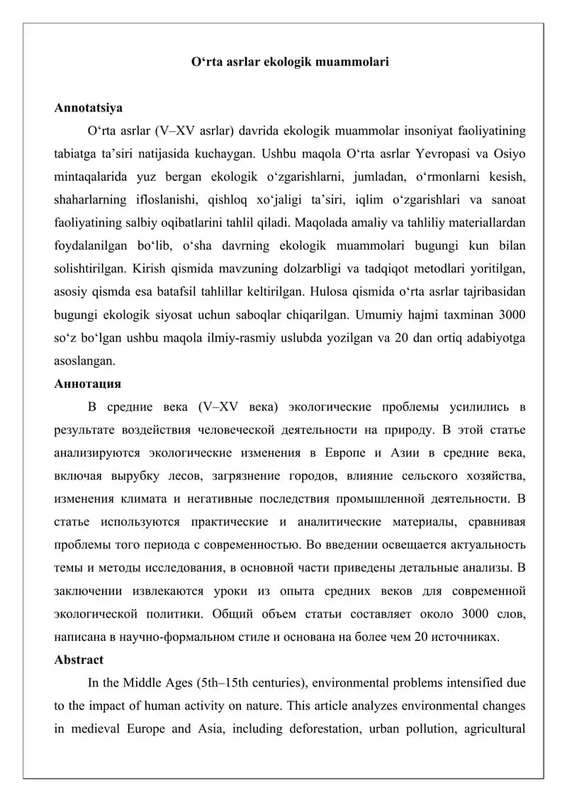 O‘rta asrlar ekologik muammolari maqola
