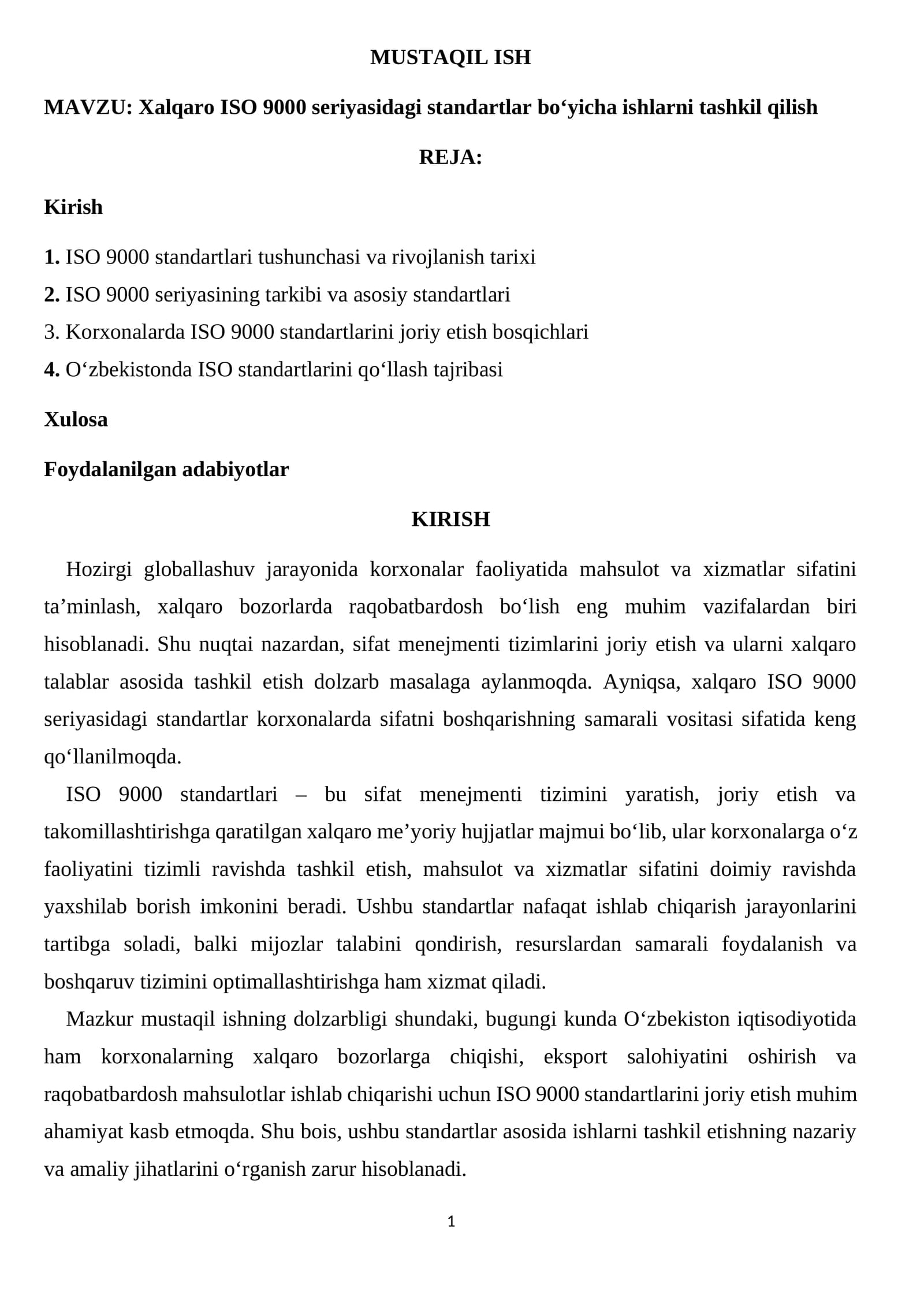 Xalqaro ISO 9000 seriyasidagi standartlar bo‘yicha ishlarni tashkil qilish