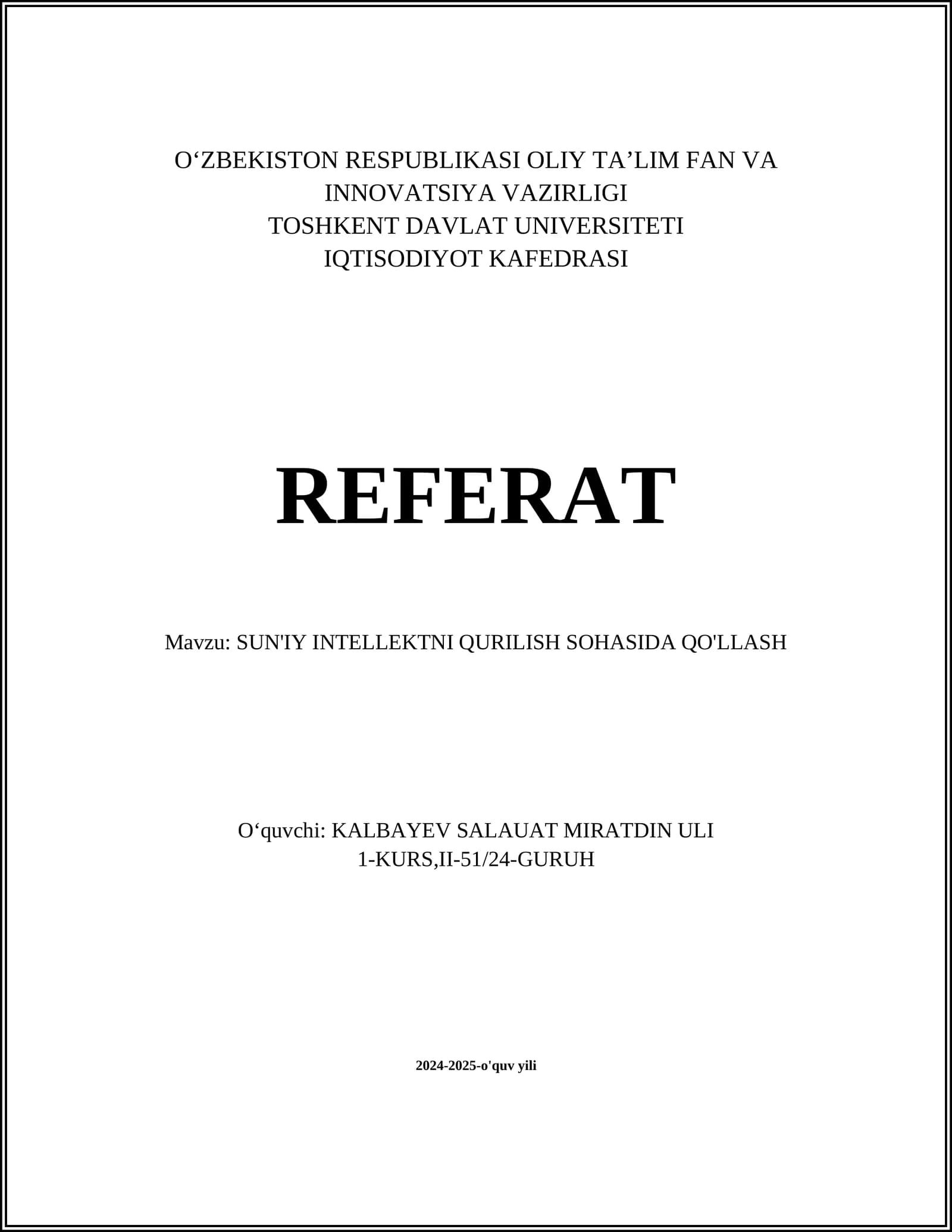 SUN'IY INTELLEKTNI QURILISH SOHASIDA QO'LLASH