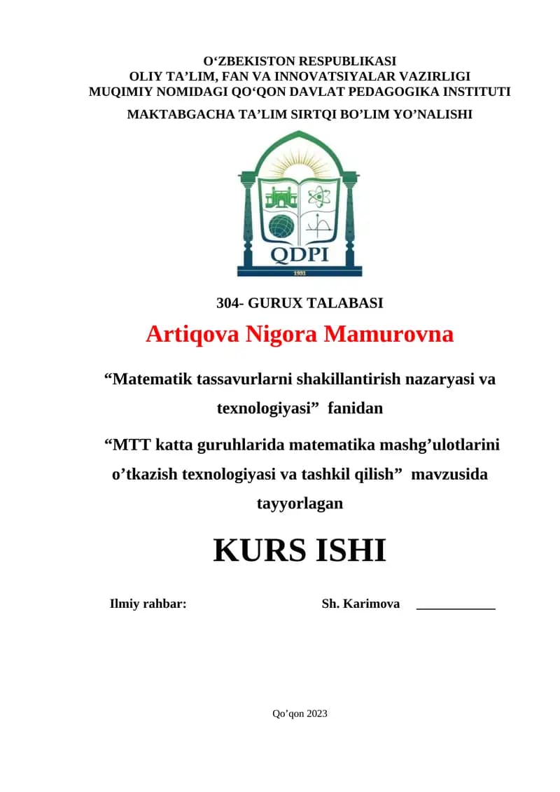 "MTT katta guruhlarida matematika mashg’ulotlarini o’tkazish texnologiyasi va tashkil qilish"