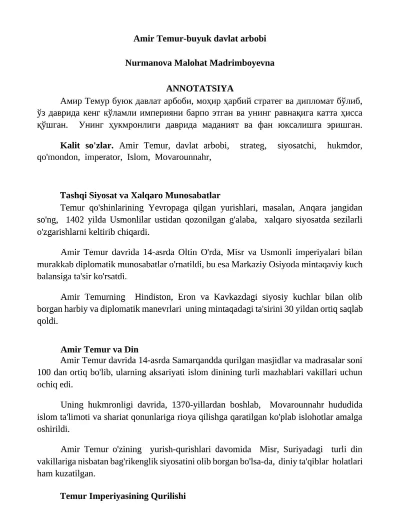 Amir Temur-buyuk davlat arbobi