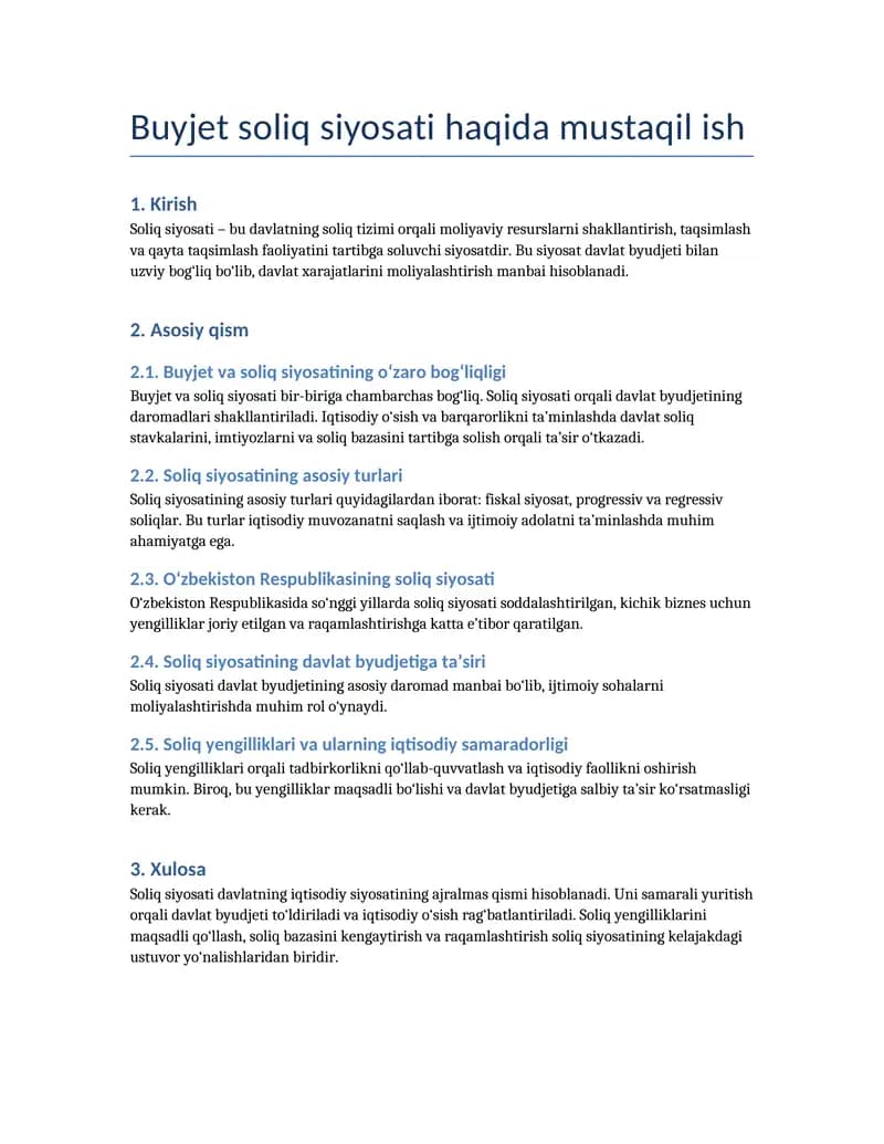 Buyjet soliq siyosati haqida mustaqil ish