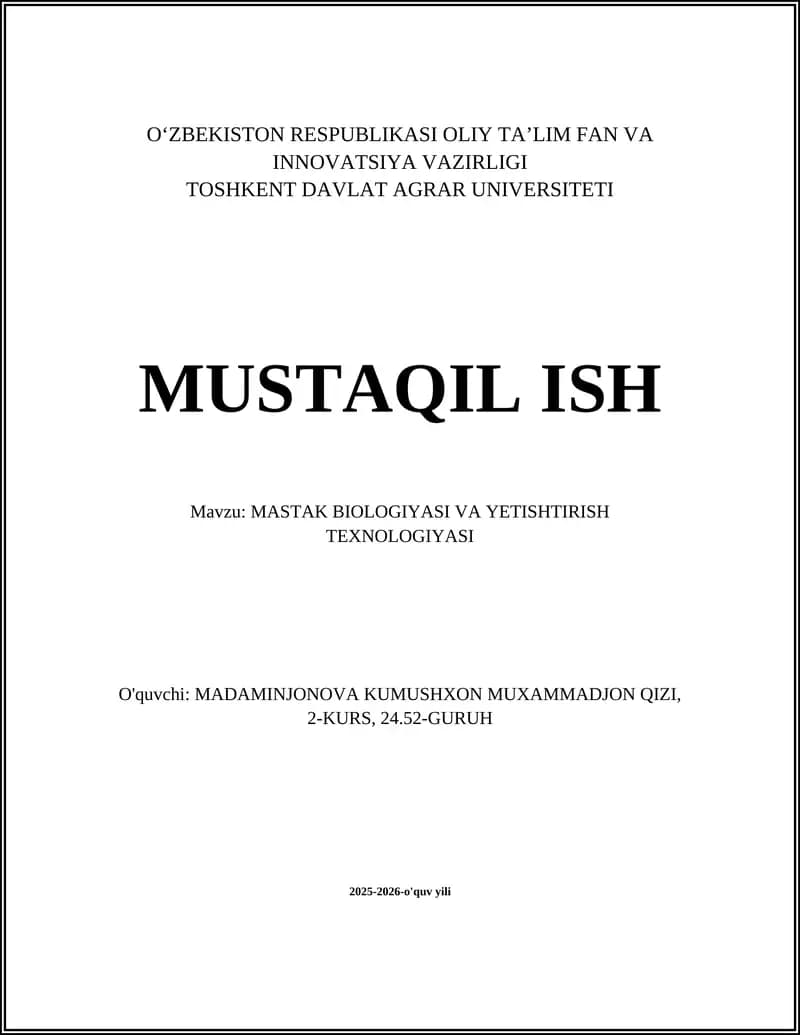 Mastak Biologiyasi va Yetishtirish Texnologiyasi